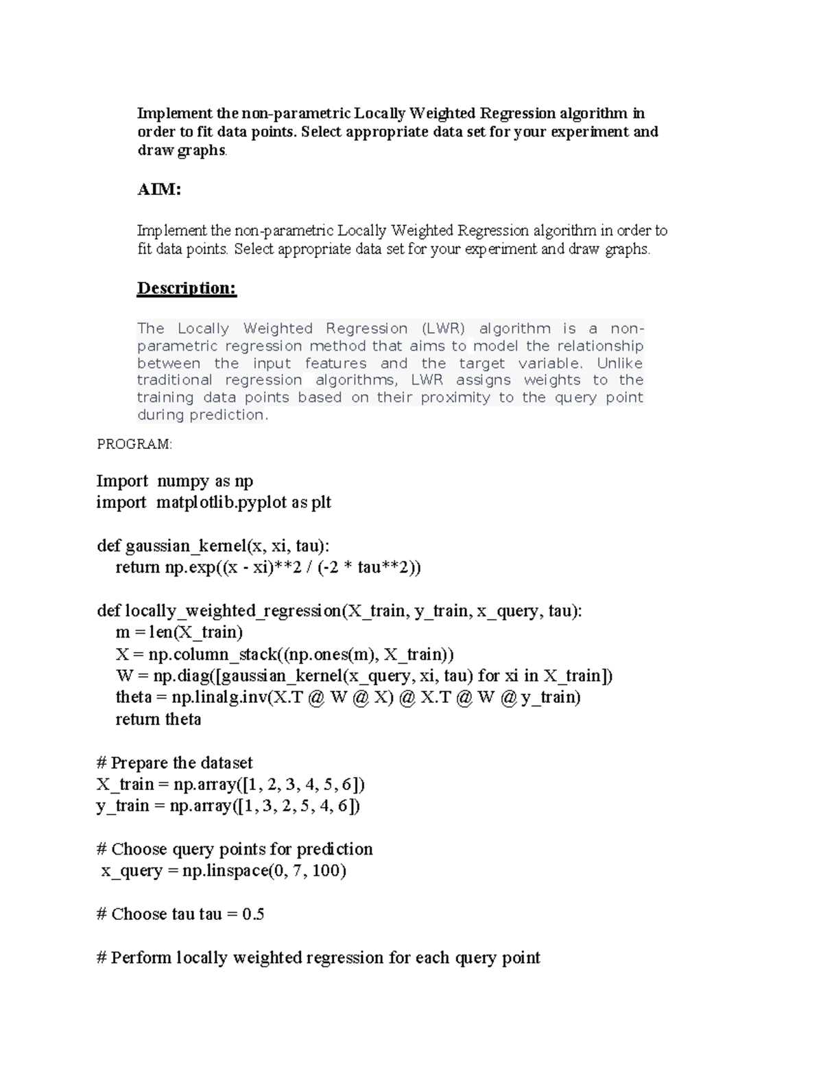 Experiment 9 - machine learning - Implement the non-parametric Locally ...