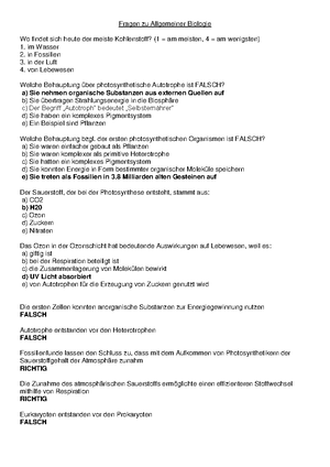 Fragen und Antworten zu Allgemeiner Biologie WS 20/21 - StuDocu