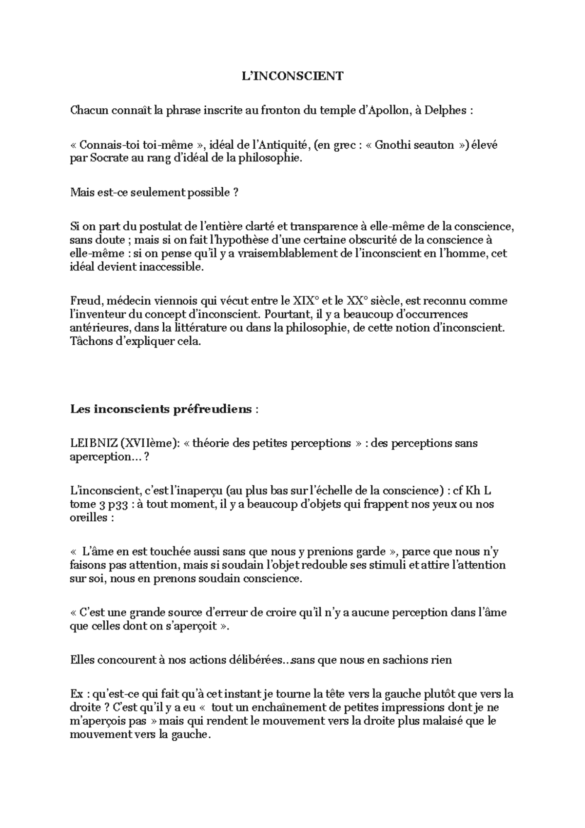 Sujet Corrigé Sur La Conscience Et Linconscient Pdf L'INCONSCIENT philosophie - L'INCONSCIENT Chacun connaît la phrase inscrite  au fronton du temple - Studocu