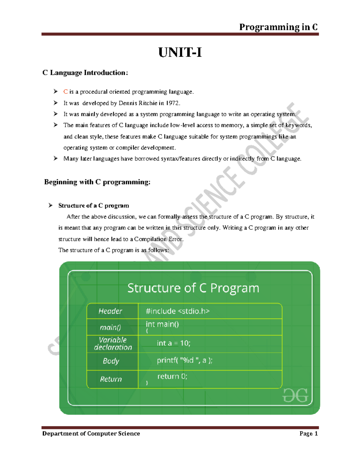 C Notes - UNIT-I C Language Introduction: C is a procedural oriented ...