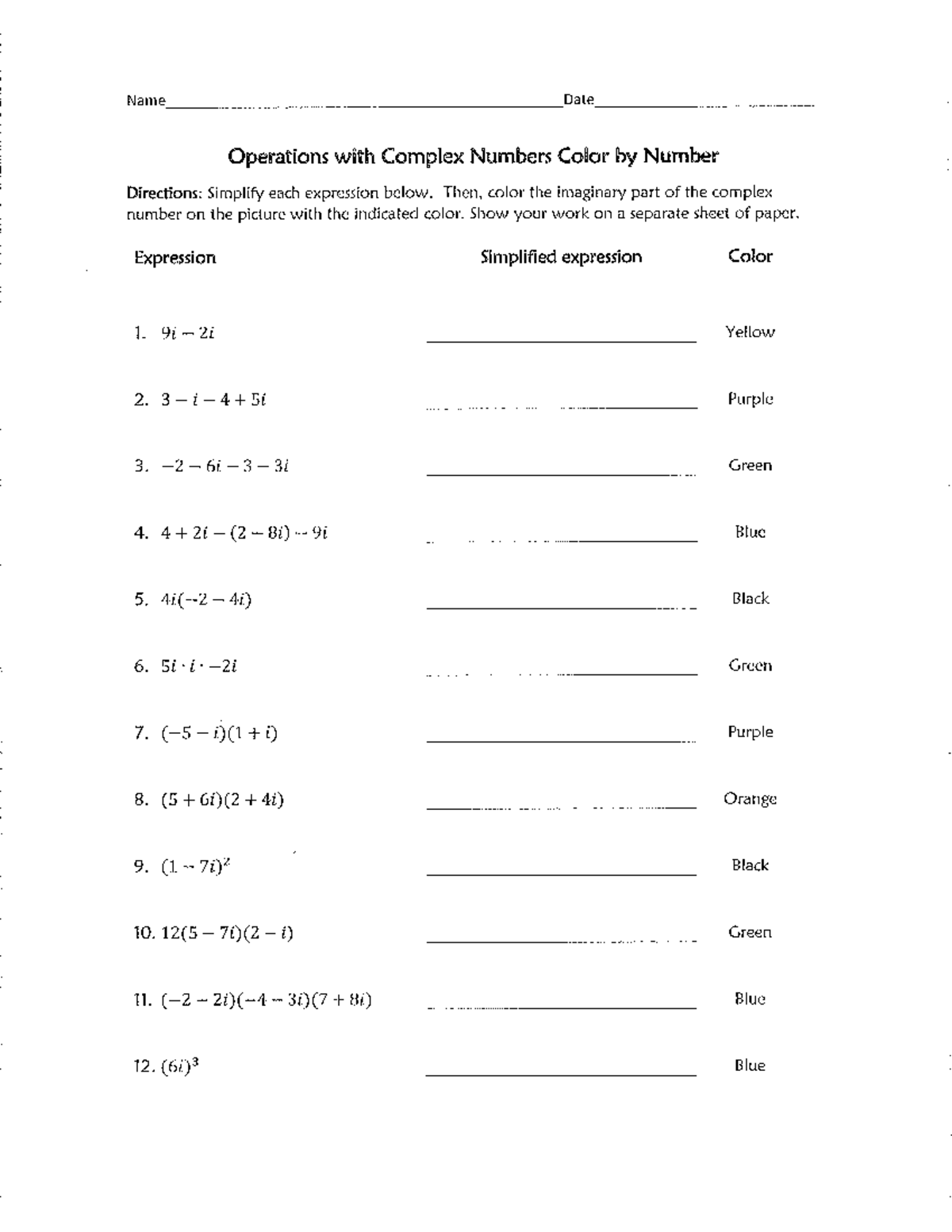 3.2 Bonus - none - Name Date Operations with Complex Numbers Color ...