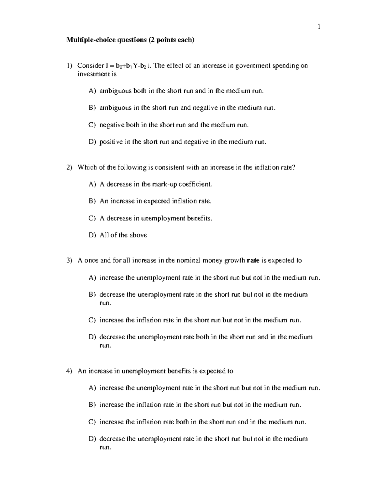 Macroeconomics quiz 2 mcq - Multiple-choice questions (2 points each ...