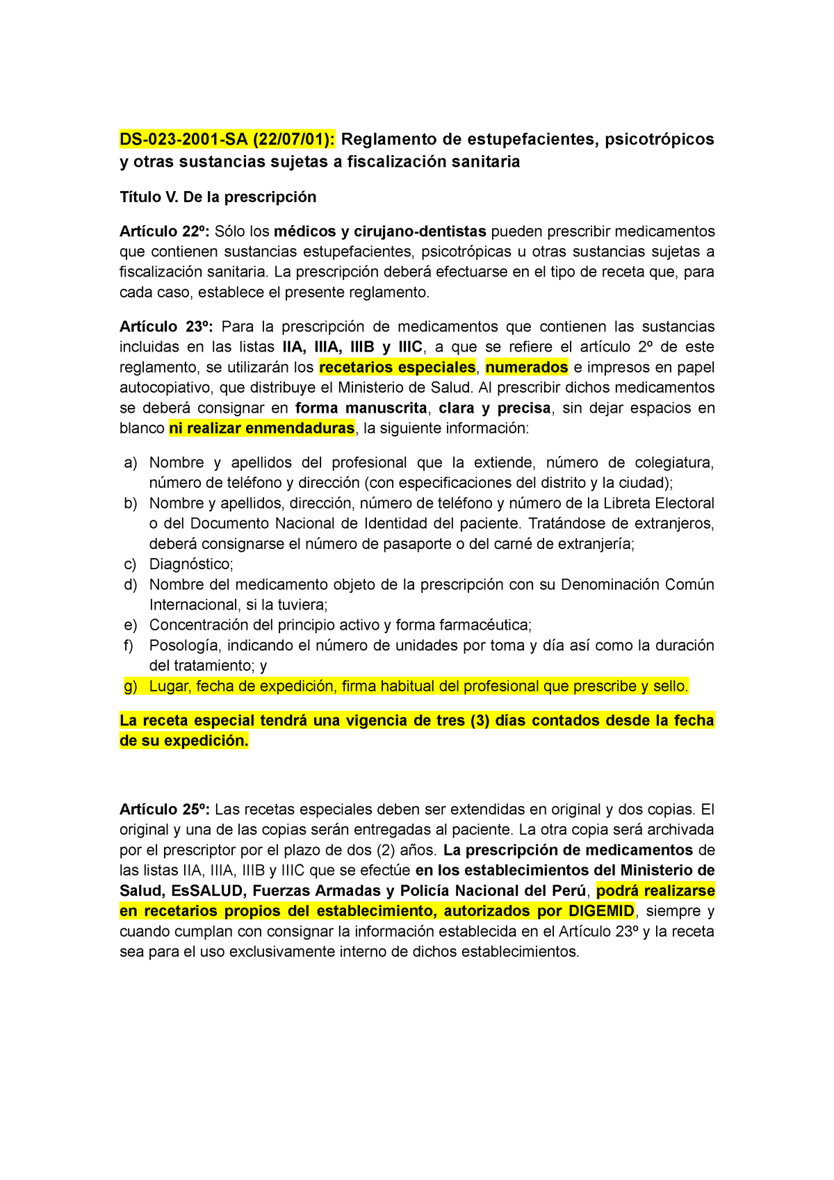 Receta especial - DS-023-2001-SA (22/07/01): Reglamento de estupefacientes,  psicotrópicos y otras - Studocu