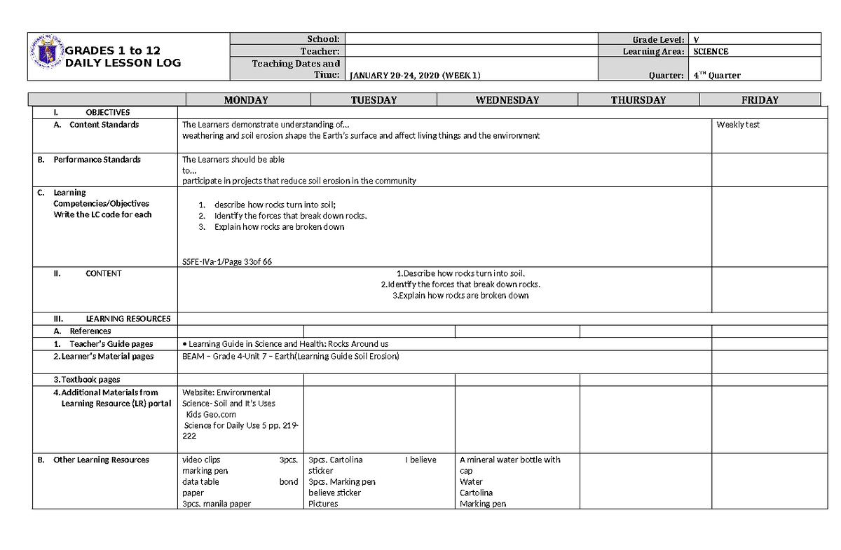 Grade 5 DLL Science 5 Q4 Week 1 - GRADES 1 to 12 DAILY LESSON LOG ...