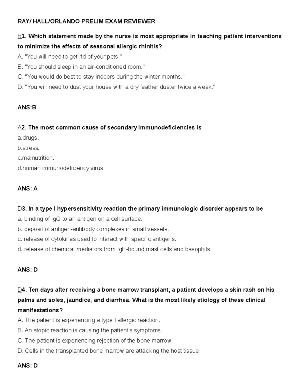 Adult Health TEST 3 Test bank RAY/ HALL/ORLANDO PRELIM EXAM