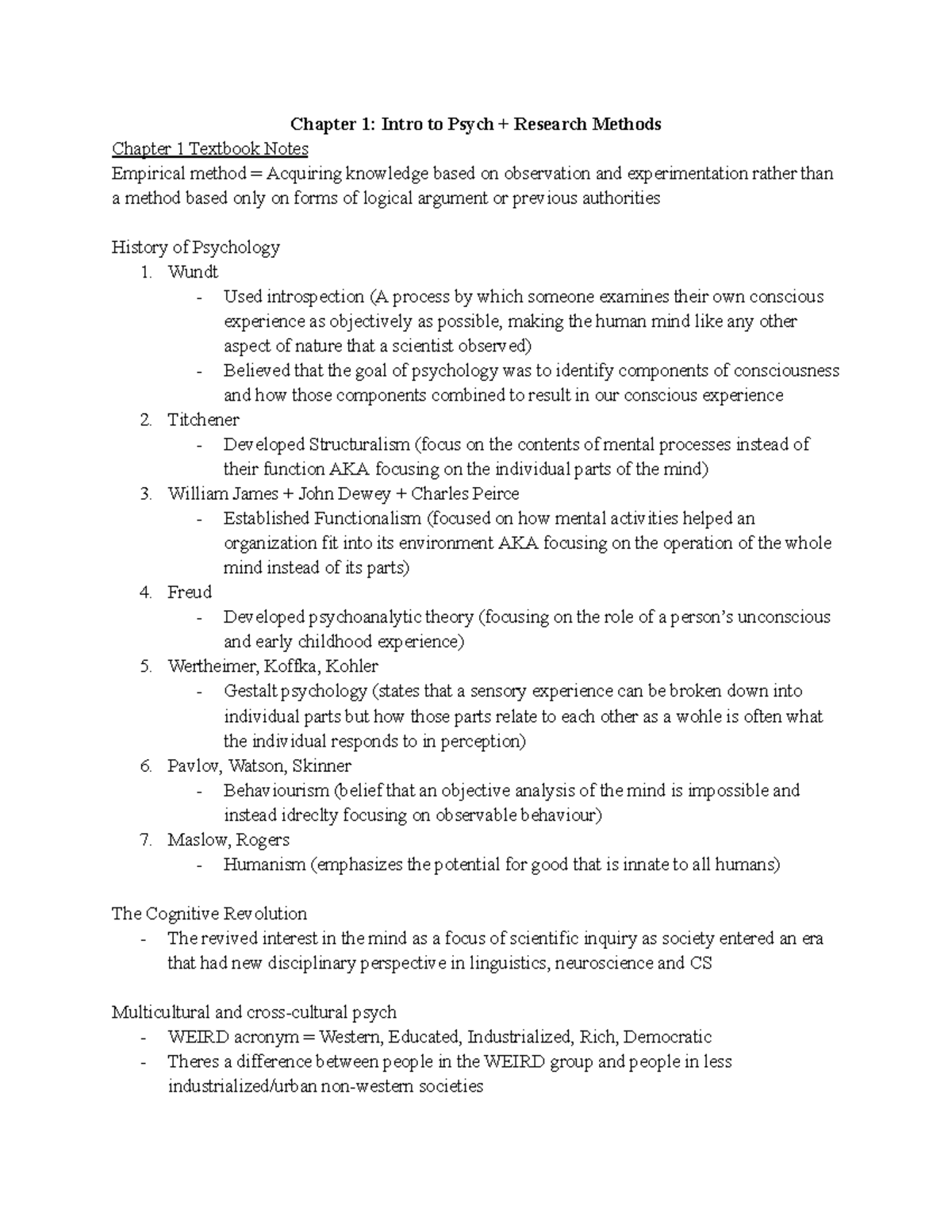 Psych 1 Lecture 1 Notes Chapter 1 Intro To Psych Research