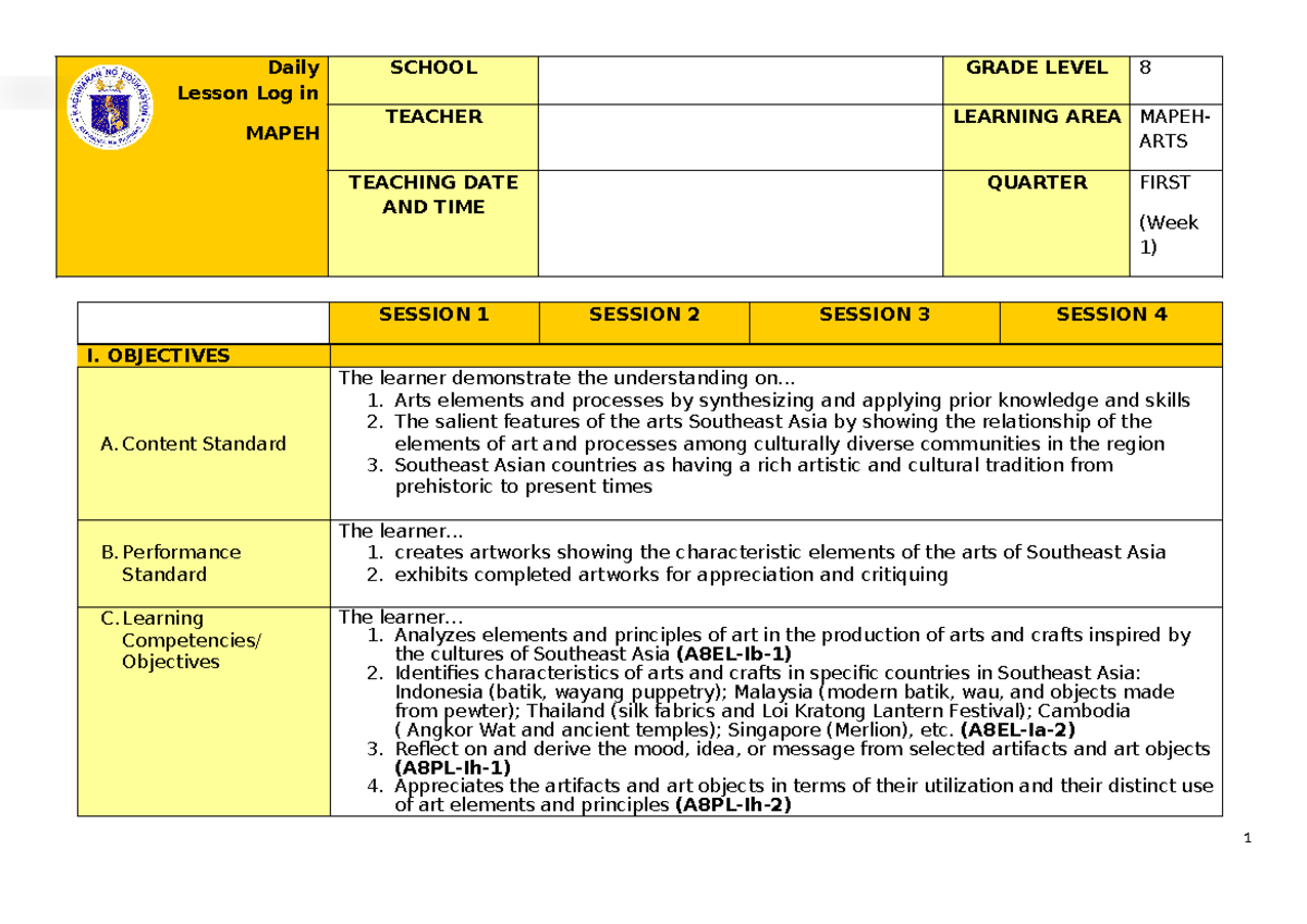 Q1 ARTS 8 WEEK 1 DLL - sample only - Daily Lesson Log in MAPEH SCHOOL ...