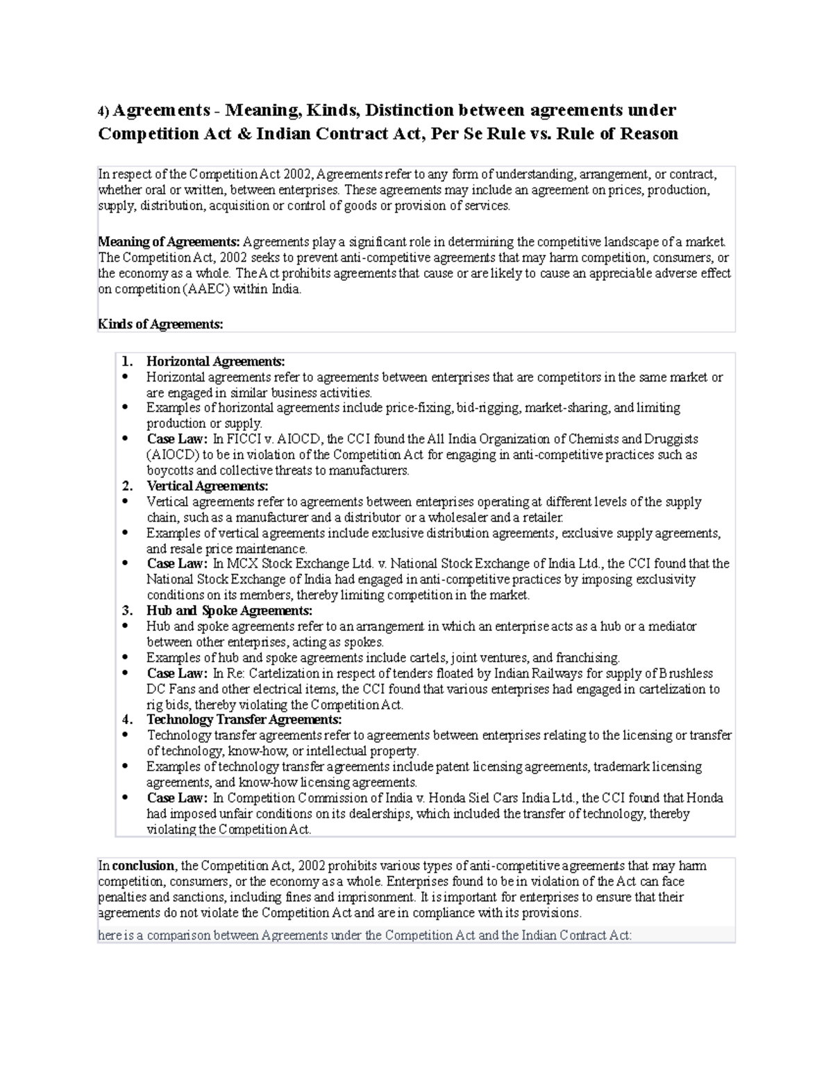 Agreements Rule of Reason In respect of the Competition Act 2002