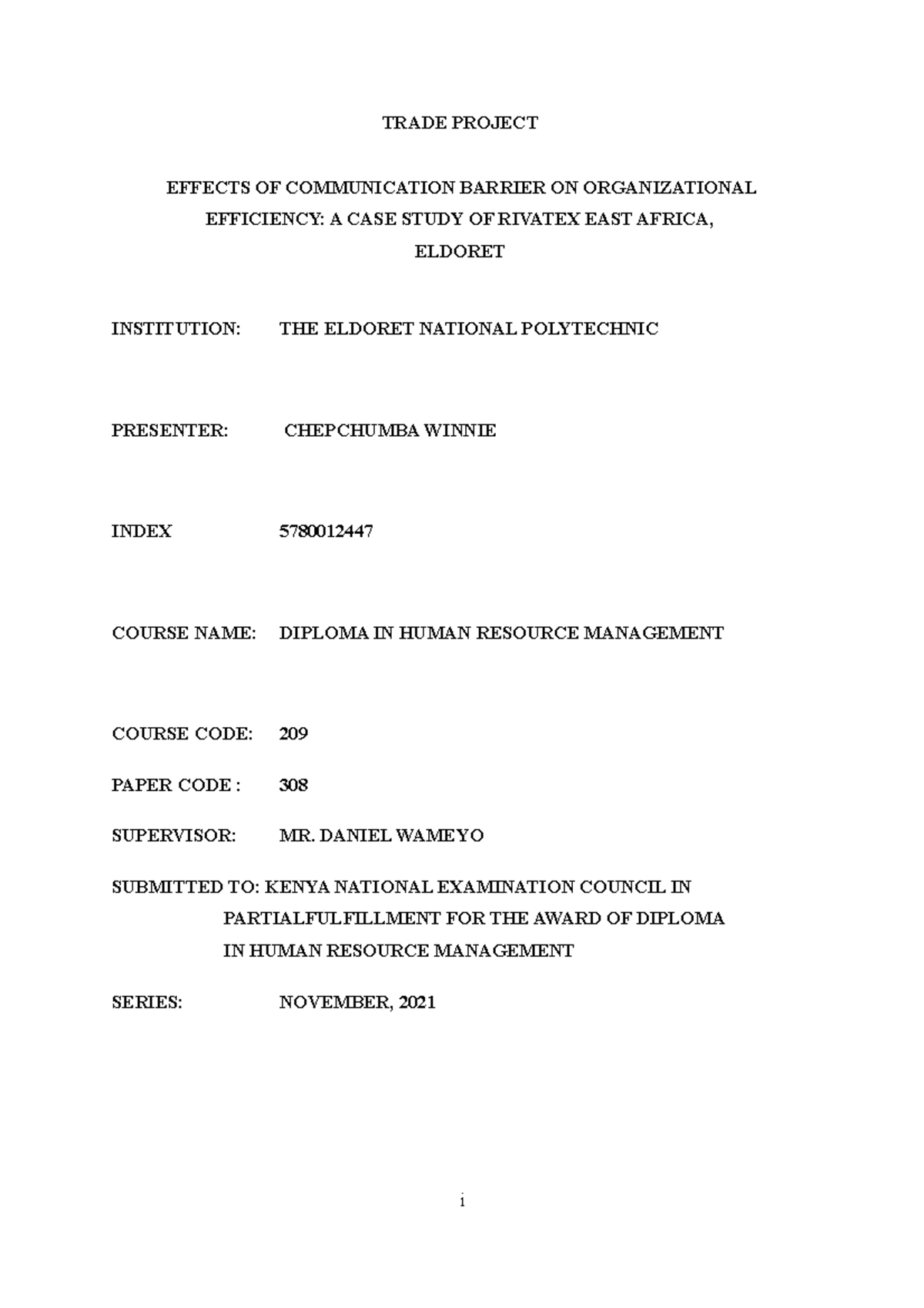 Chepchumba Winnie Project Polytechnic Communication Barrier TRADE