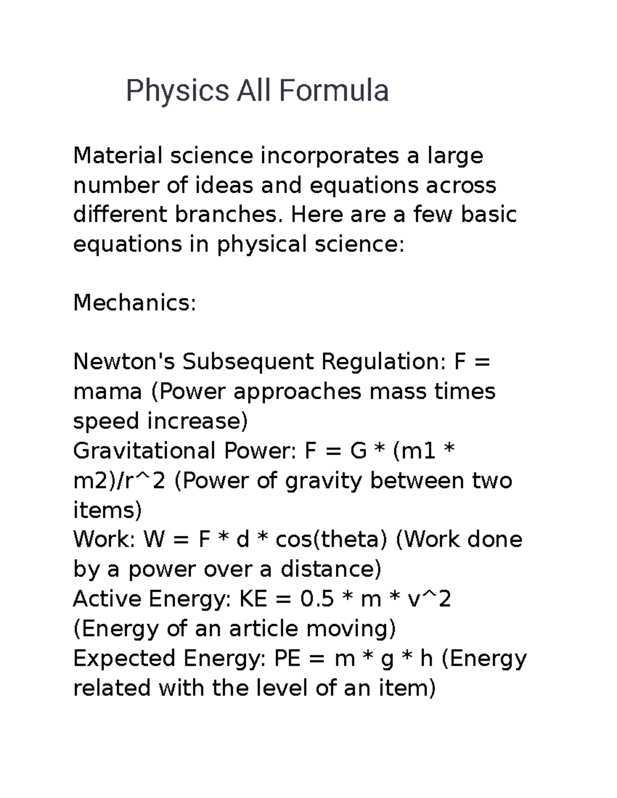 Physics All Formula Physics All Formula Material Science Incorporates 