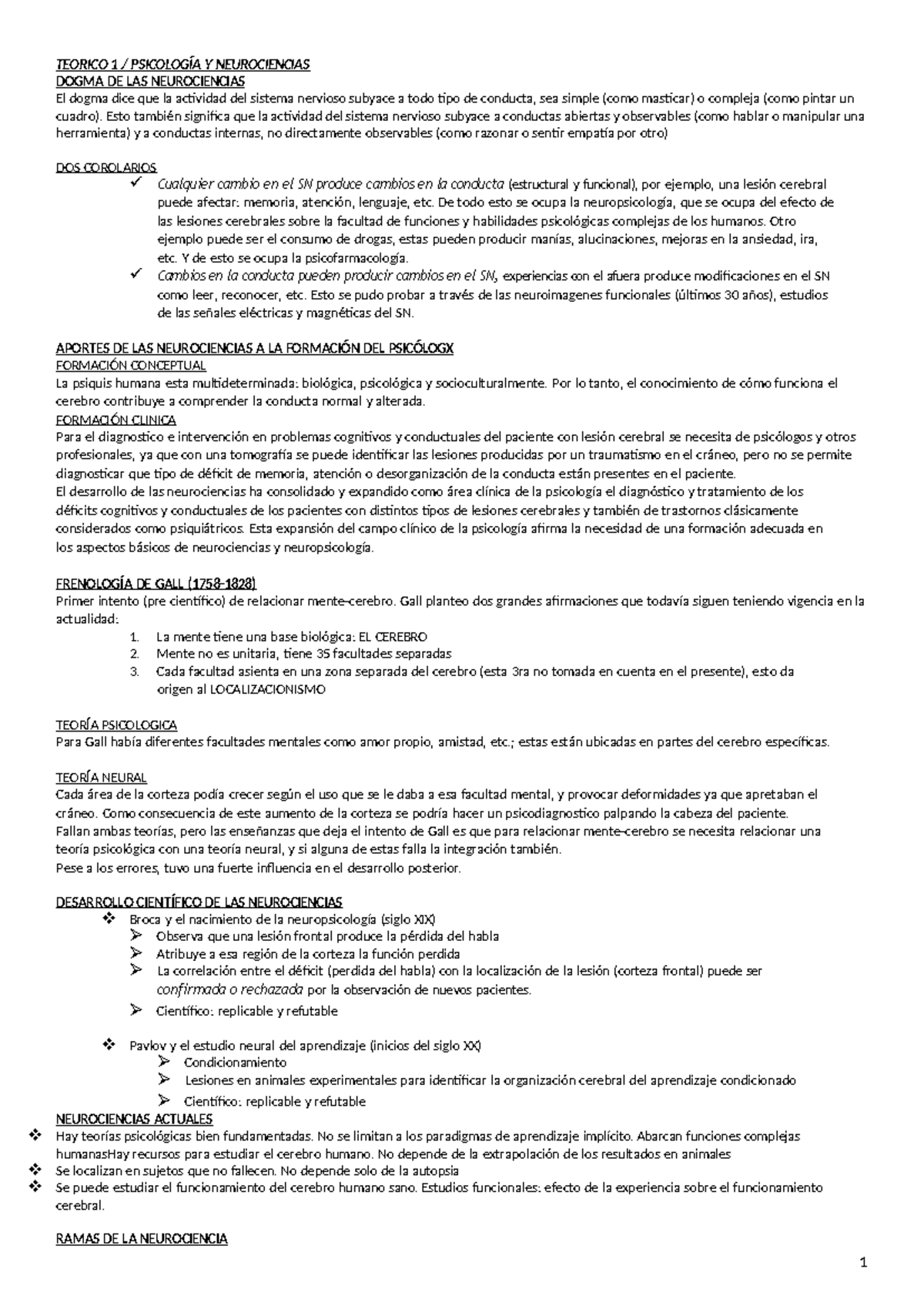 Resumen Neuro 1 Parcial - TEORICO 1 / PSICOLOGÍA Y NEUROCIENCIAS DOGMA ...