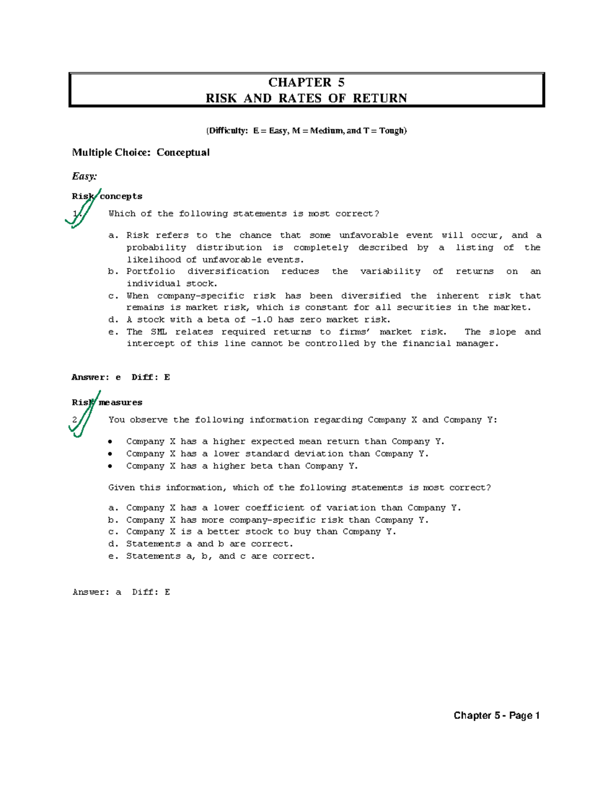 Chapter 4 Risk And Rates Of Return Difficulty Easy Medium And Tough Multiple Studocu