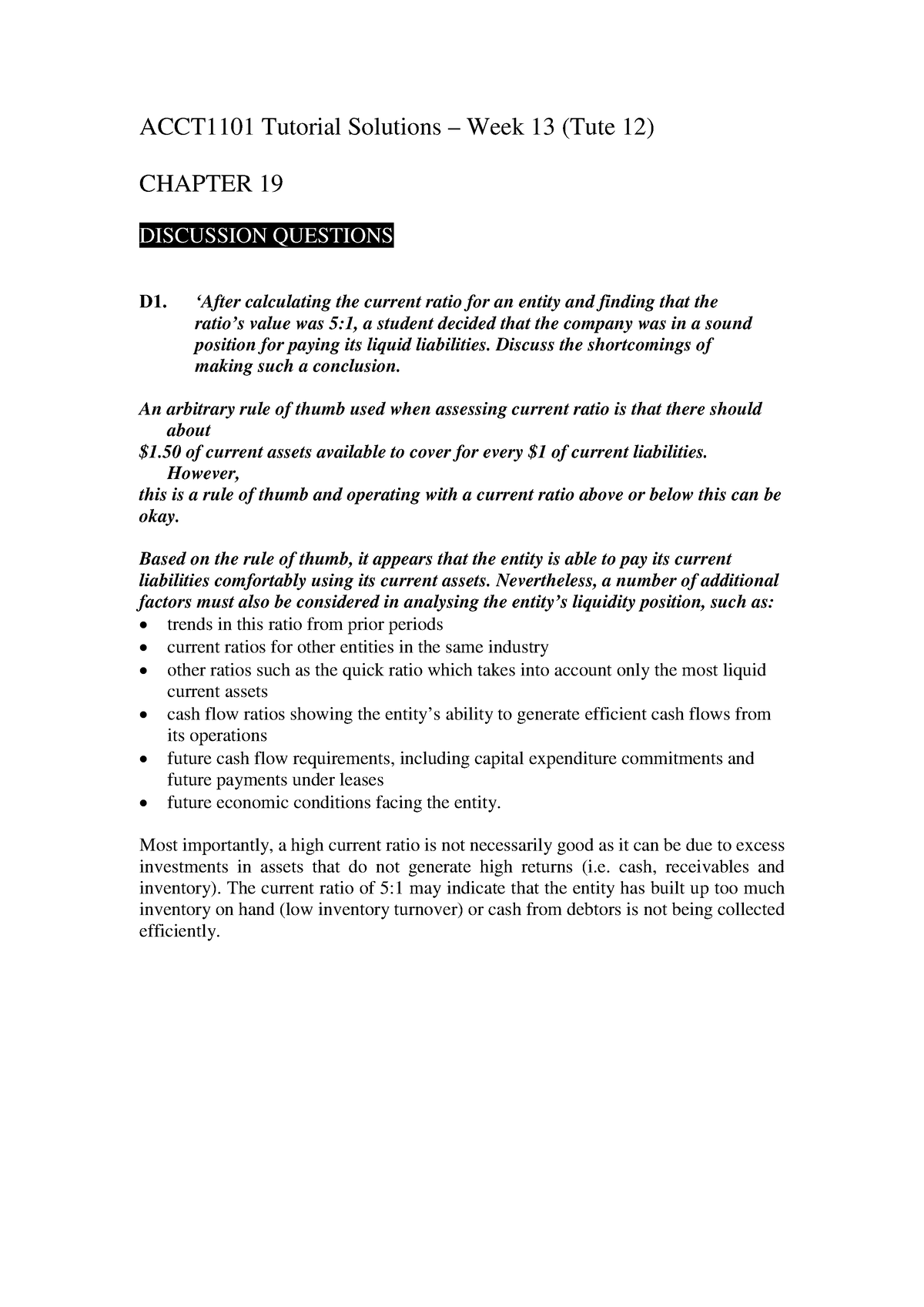 Tutorial Solution 11(Chapter 19) - ACCT1101 Tutorial Solutions – Week ...