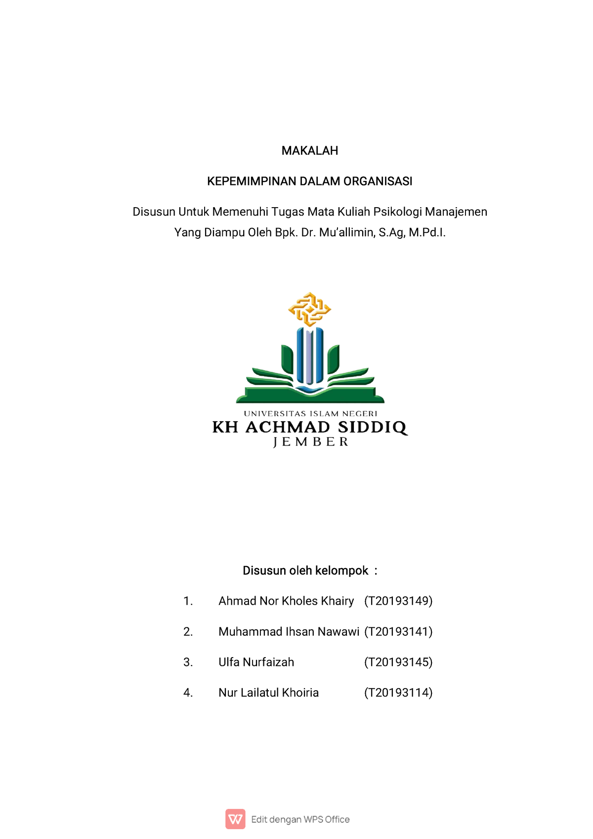 Makalah Kelompok 2 - MAKALAH KEPEMIMPINAN DALAM ORGANISASI Disusun ...