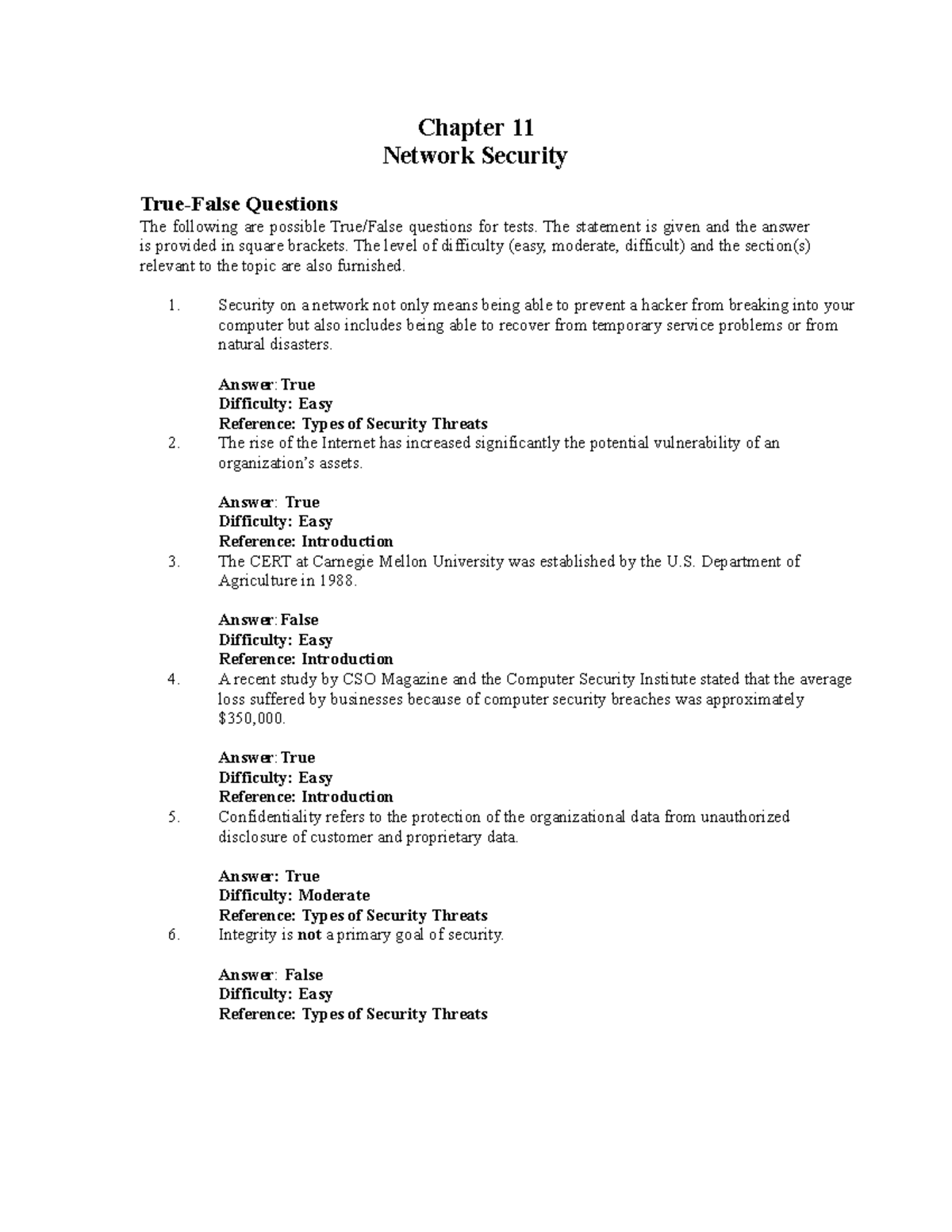 Ch11 - Information System MIS - Chapter 11 Network Security True-False ...