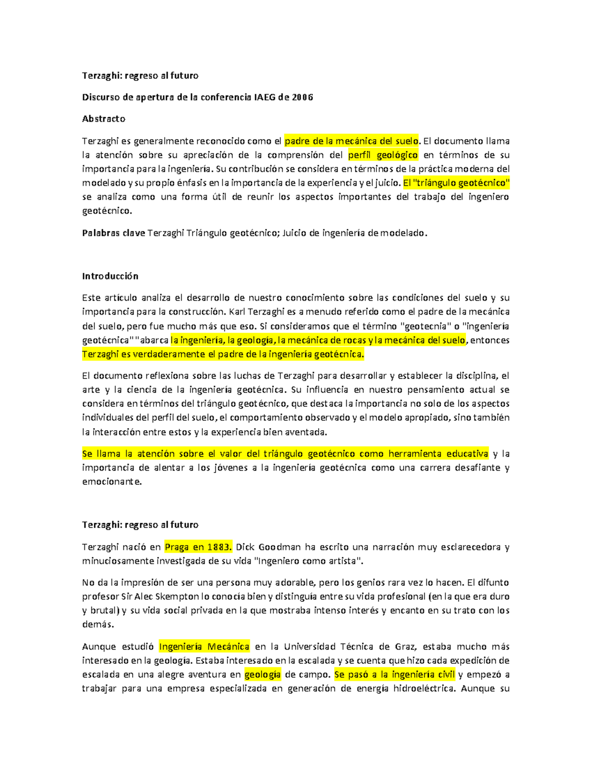 Articulo Terzaghi - Mecanica de Suelos - Terzaghi: regreso al futuro  Discurso de apertura de la - Studocu