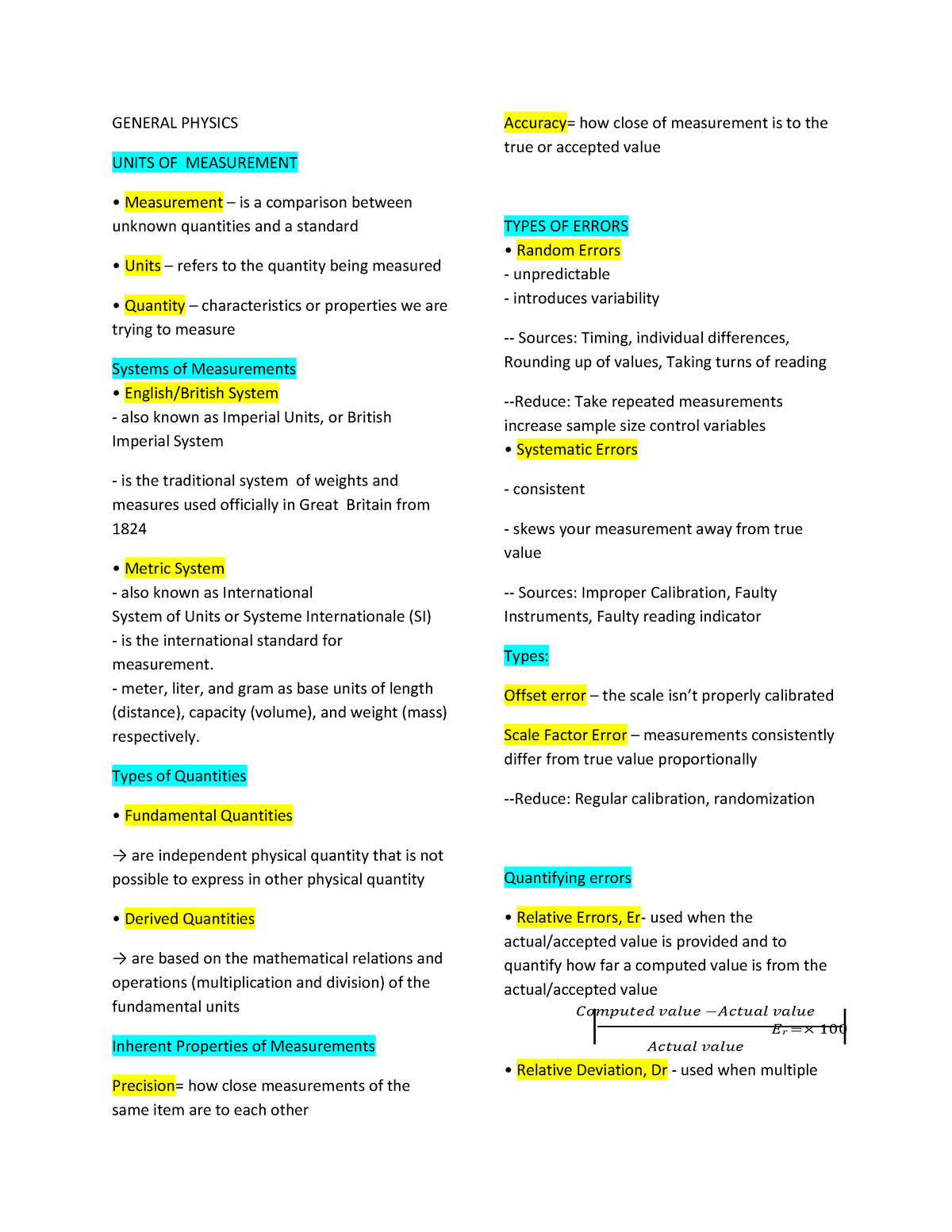 GEN P6 Notes - GENERAL PHYSICS UNITS OF MEASUREMENT Measurement – is a ...