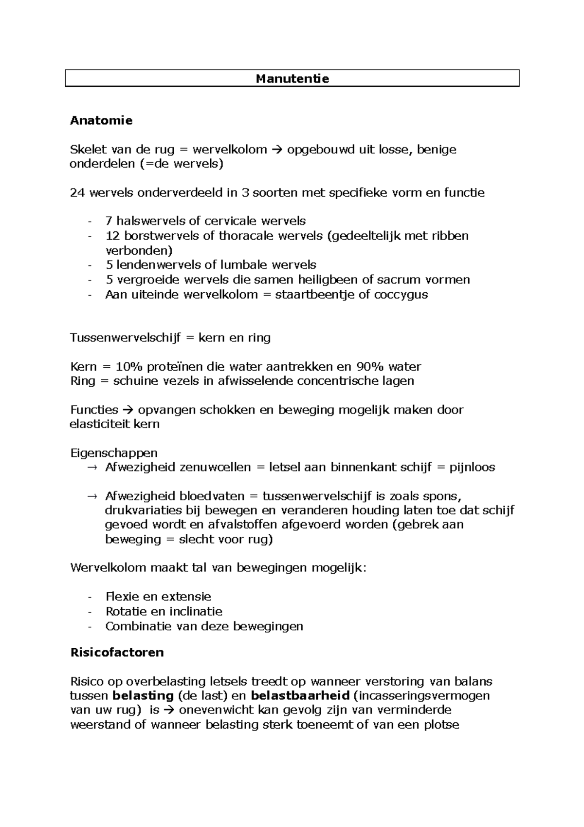 Manutentie Samenvatting Manutentie Anatomie Skelet Van De Rug Wervelkolom Opgebouwd Uit