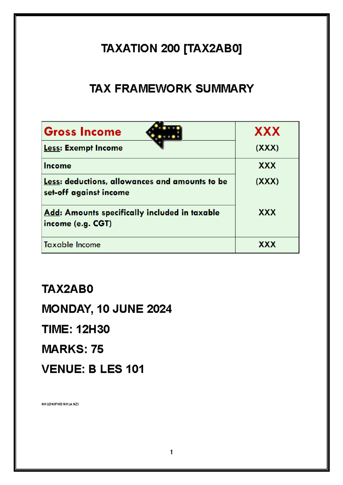 TAX Framework Summary (VERY Helpful) - TAXATION 200 [TAX2AB0] TAX ...