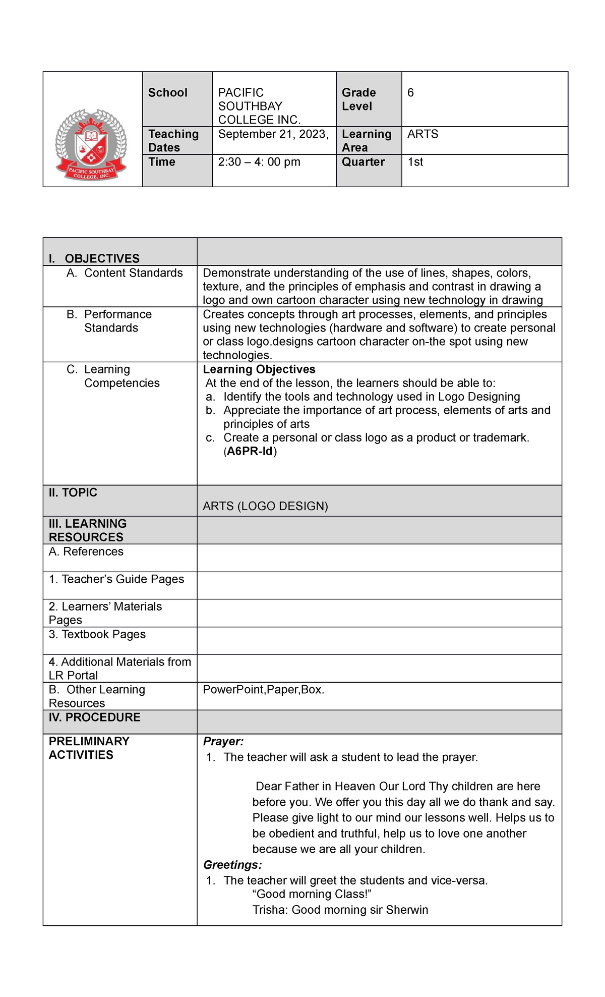 Sherwin LP - lesson plan - School PACIFIC SOUTHBAY COLLEGE INC. Grade ...