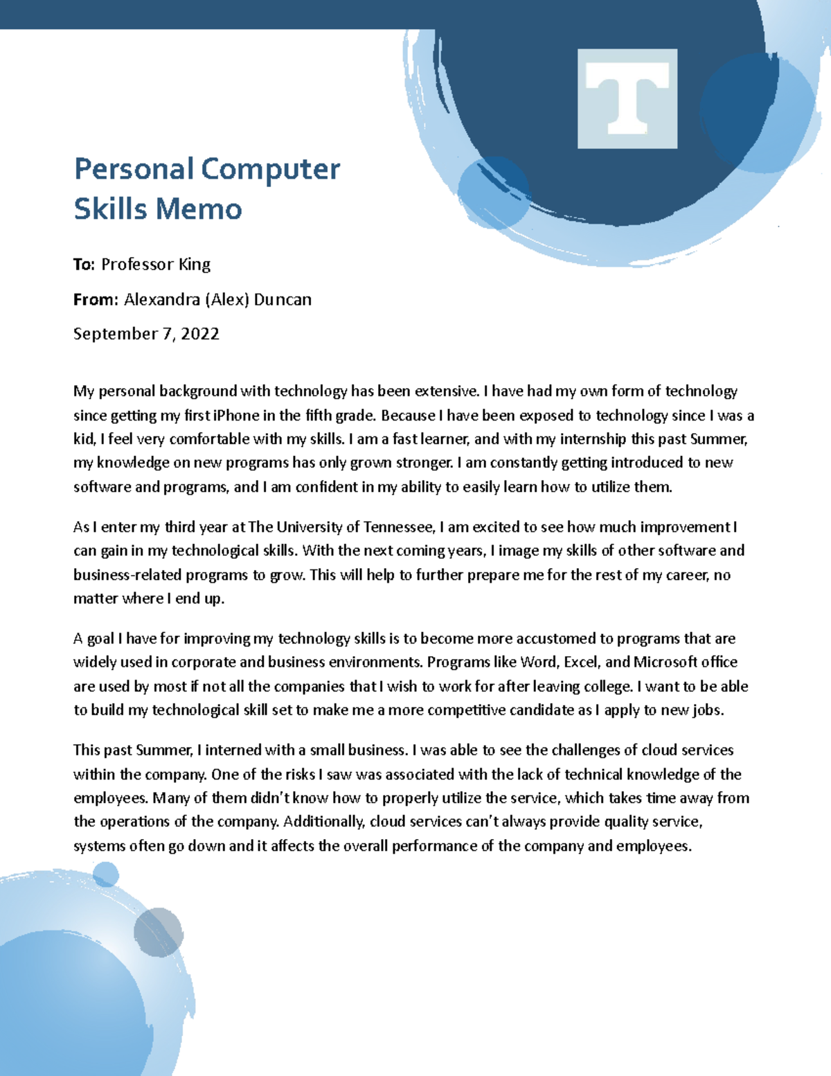 Personal Computer Skills Memo Personal Computer Skills Memo To