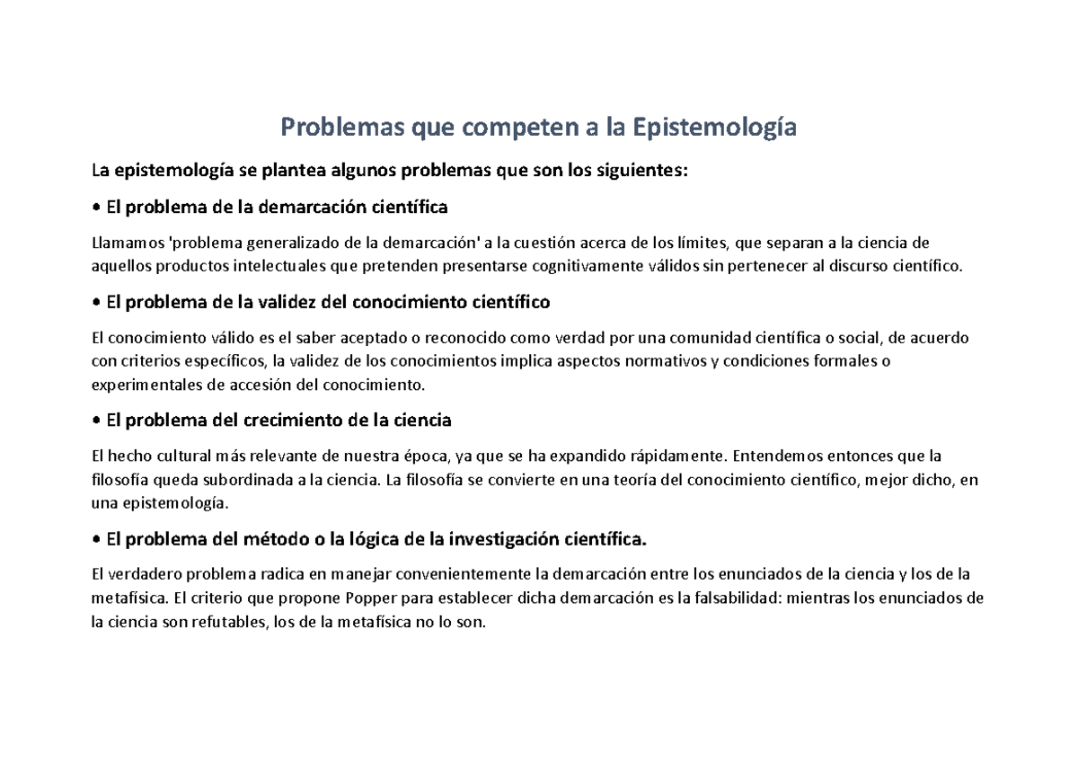 Problemas que competen a la Epistemología - Problemas que competen a la