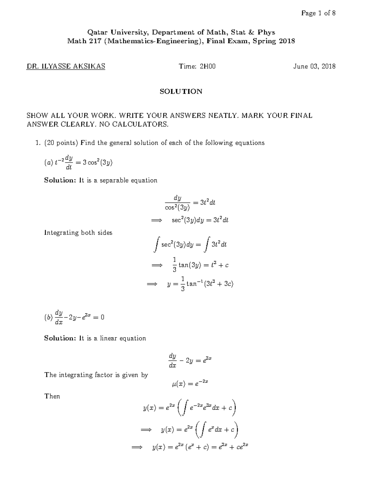 M217Spring 2018 V1Final(Solution) - Page 1 of 8 Qatar University ...