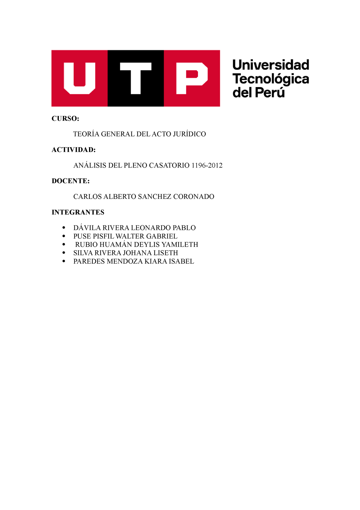 Análisis DEL Pleno Casatorio 1996-2013 - CURSO: TEORÍA GENERAL DEL ACTO ...