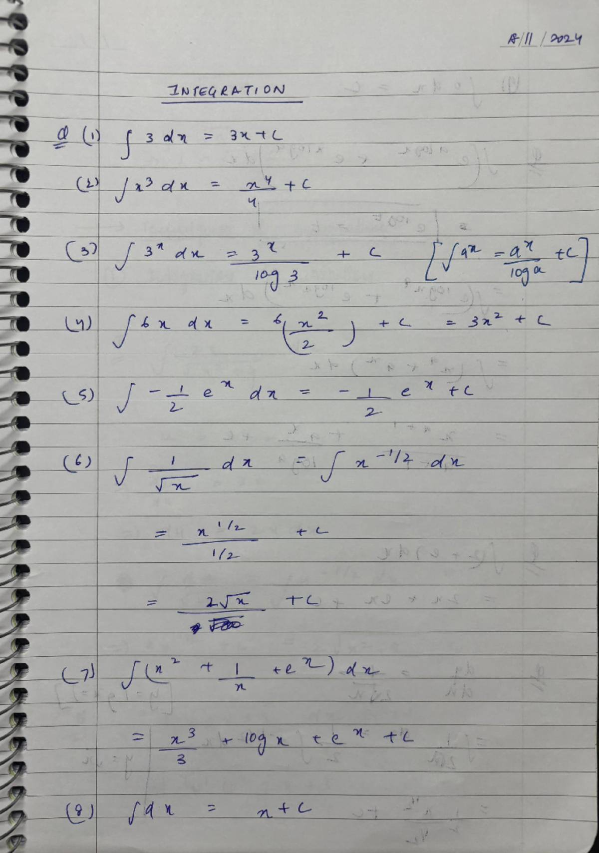 Integration - Maths - 18/11/2024 INTEGRATION a (1) f 3 dn = 3x+C (2 ...