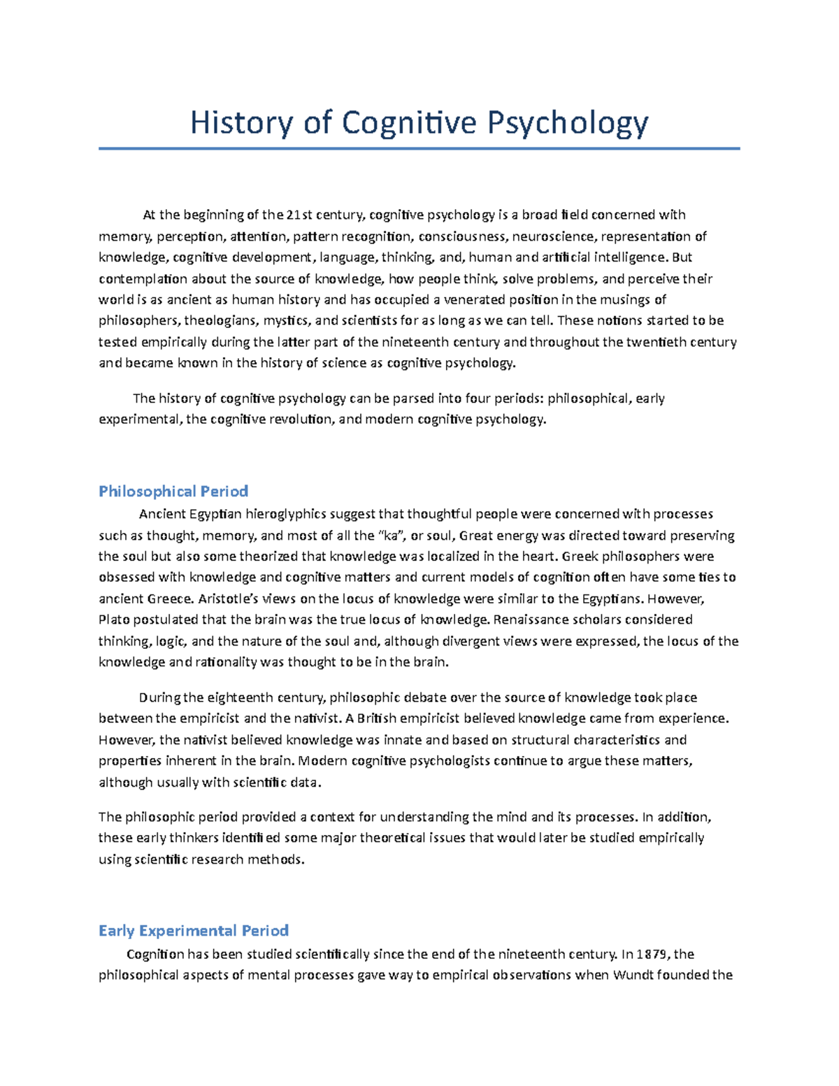 History Of Cognitive Psychology - But Contemplation About The Source Of ...