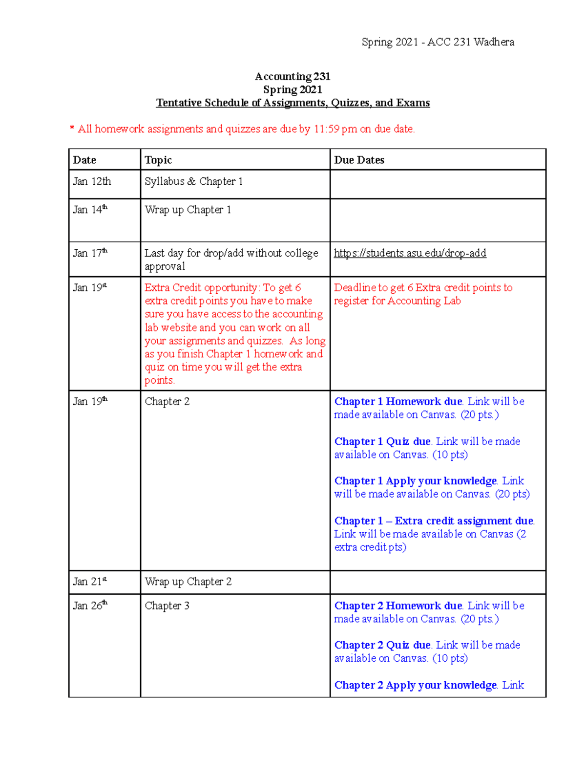 ACC 231 Spring 2021 Tentative Class Schedule1 Accounting 231