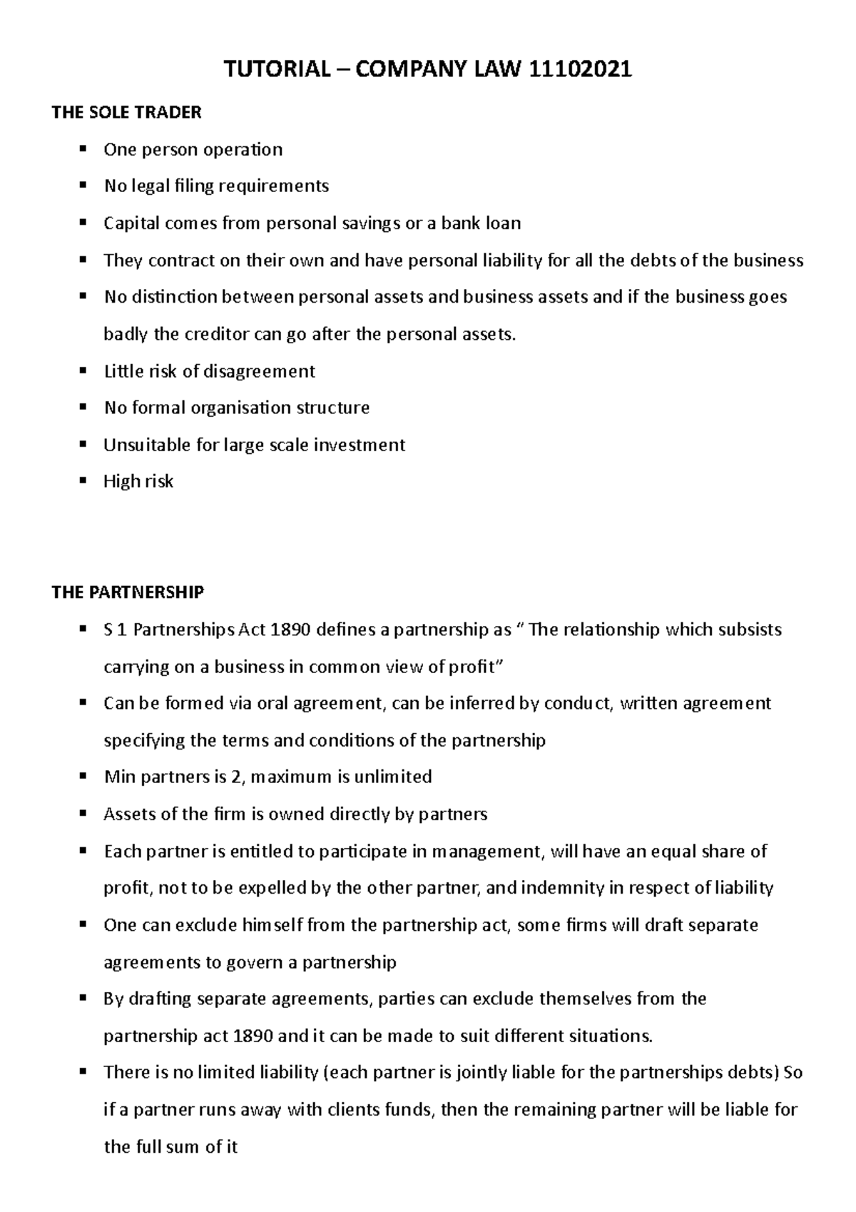 Company LAW Tutorial - TUTORIAL – COMPANY LAW 11102021 THE SOLE TRADER ...