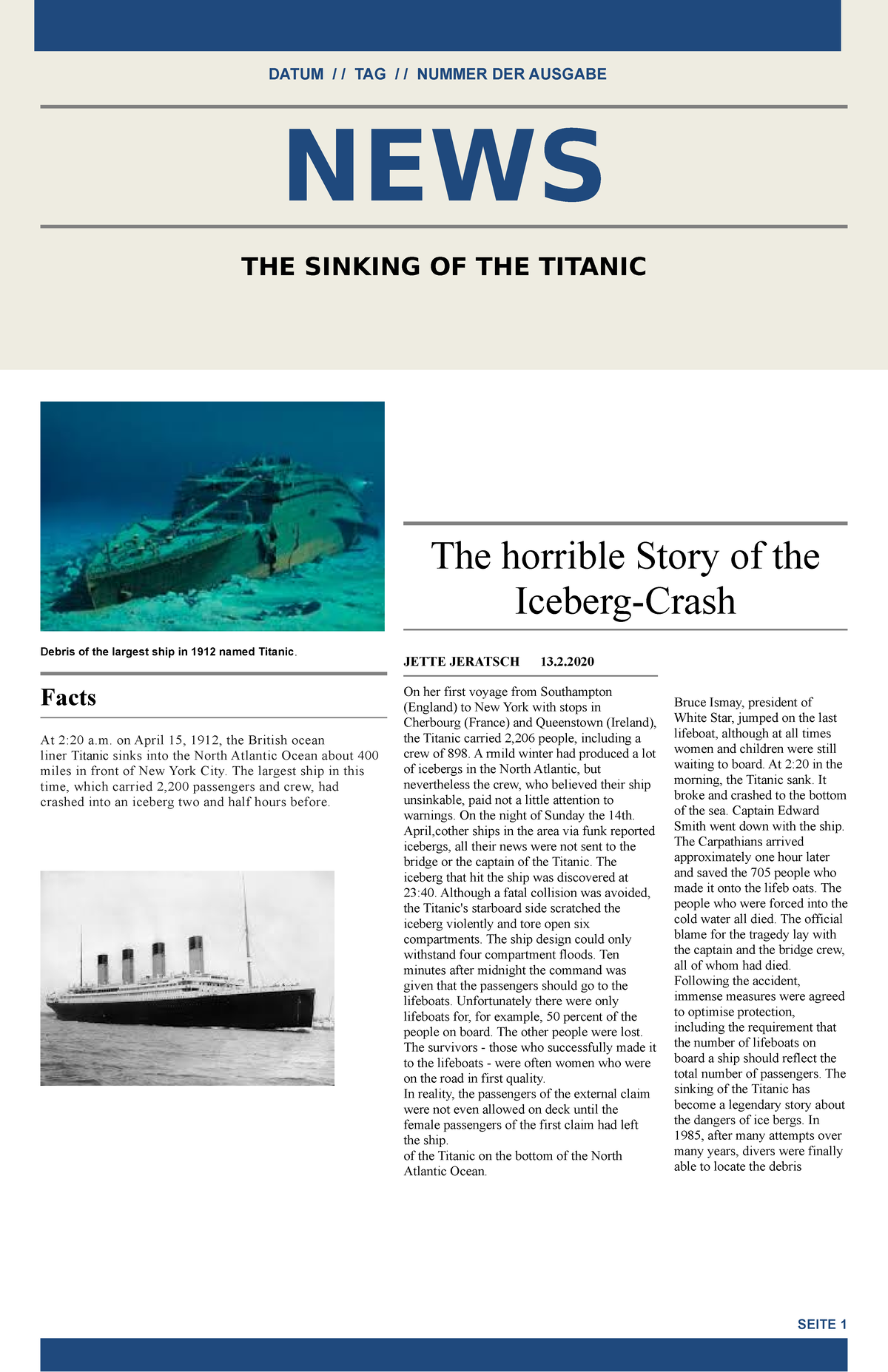 Zeitungsartikel Auf Englisch Schreiben Titanic Zeitungsartikel zum Untergang auf Englisch - DATUM / / TAG
