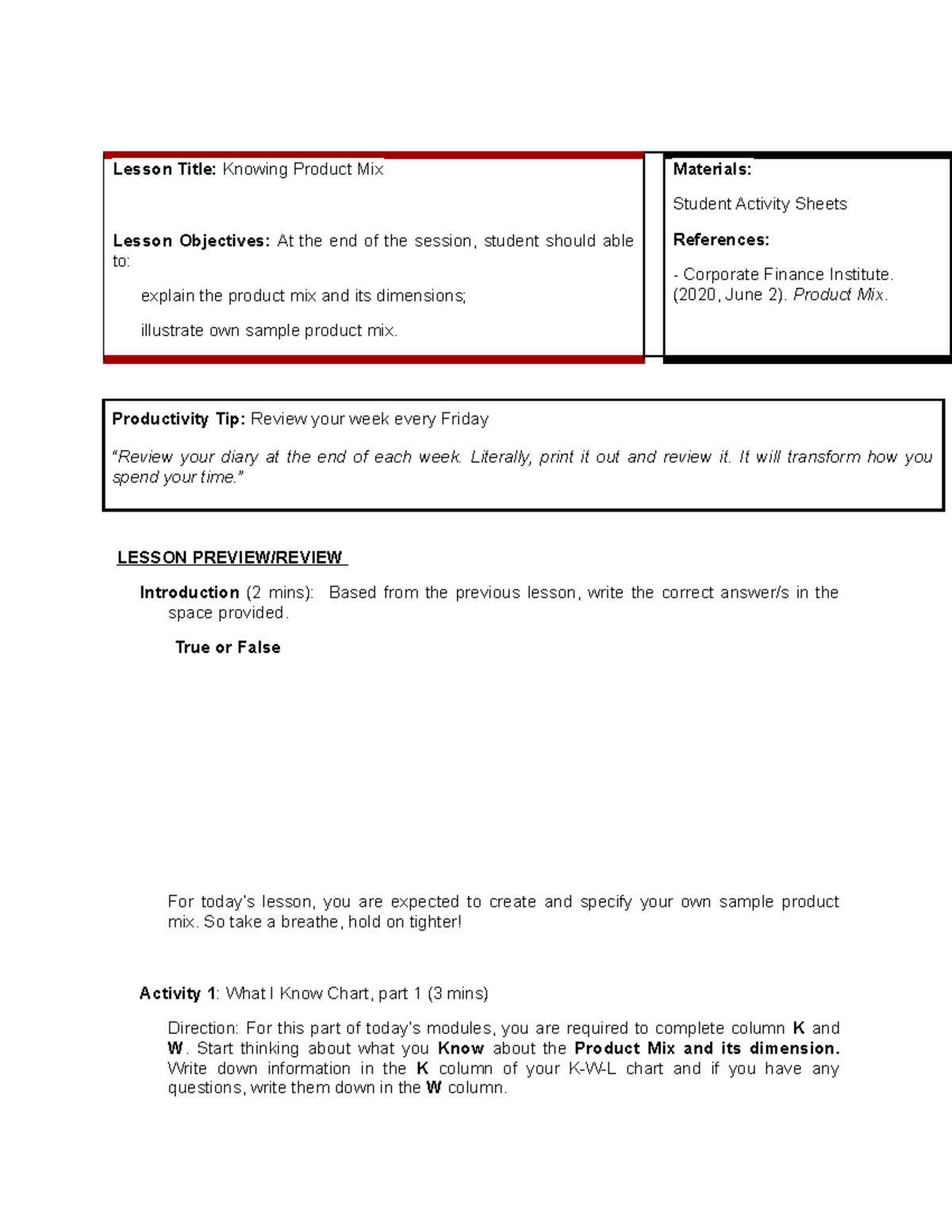 Knowing Product Mix - Lesson Title: Knowing Product Mix Lesson ...