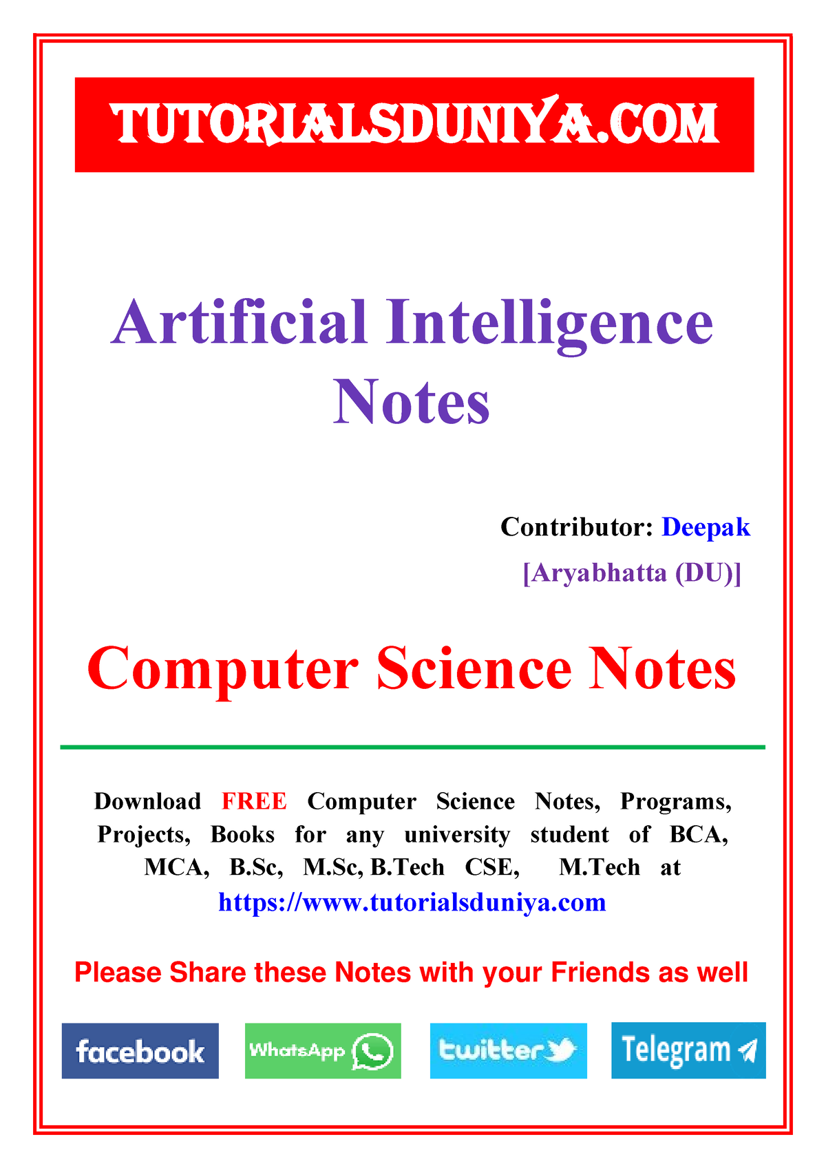 Artificial Intelligence Notes 2 - Tutorials Duniya - ####### Download ...