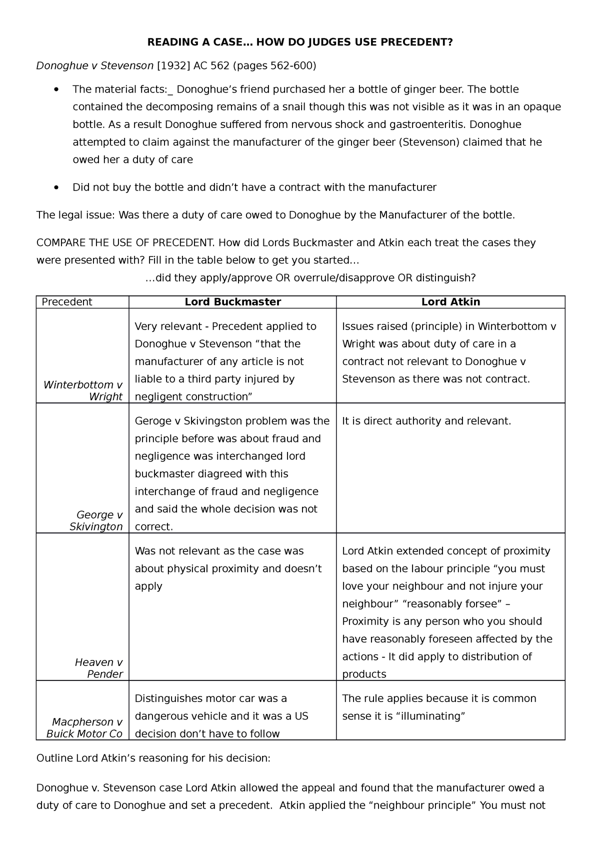 Week 8 Donoghue V Stevenson Exercise Reading A Case How Do Judges Use Precedent Donoghue V Studocu