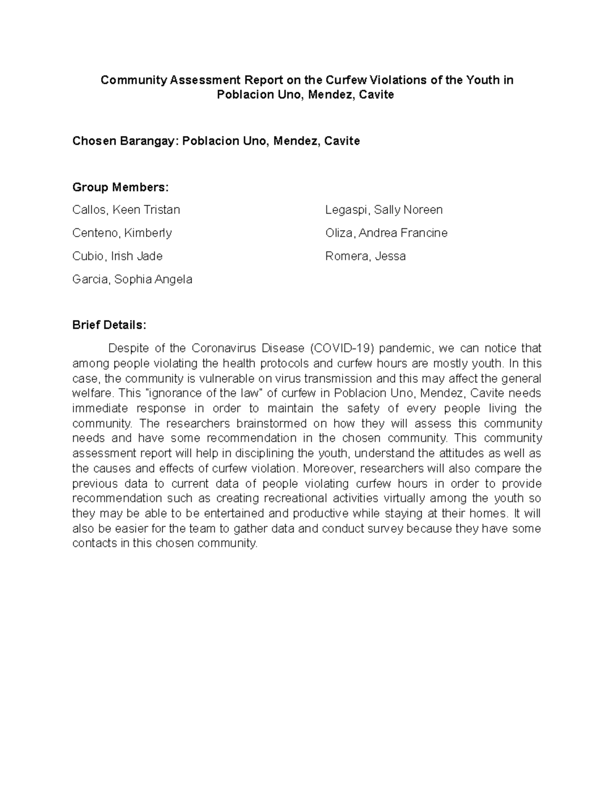 Community Assessment Report on the Curfew Violations of the Youth in ...