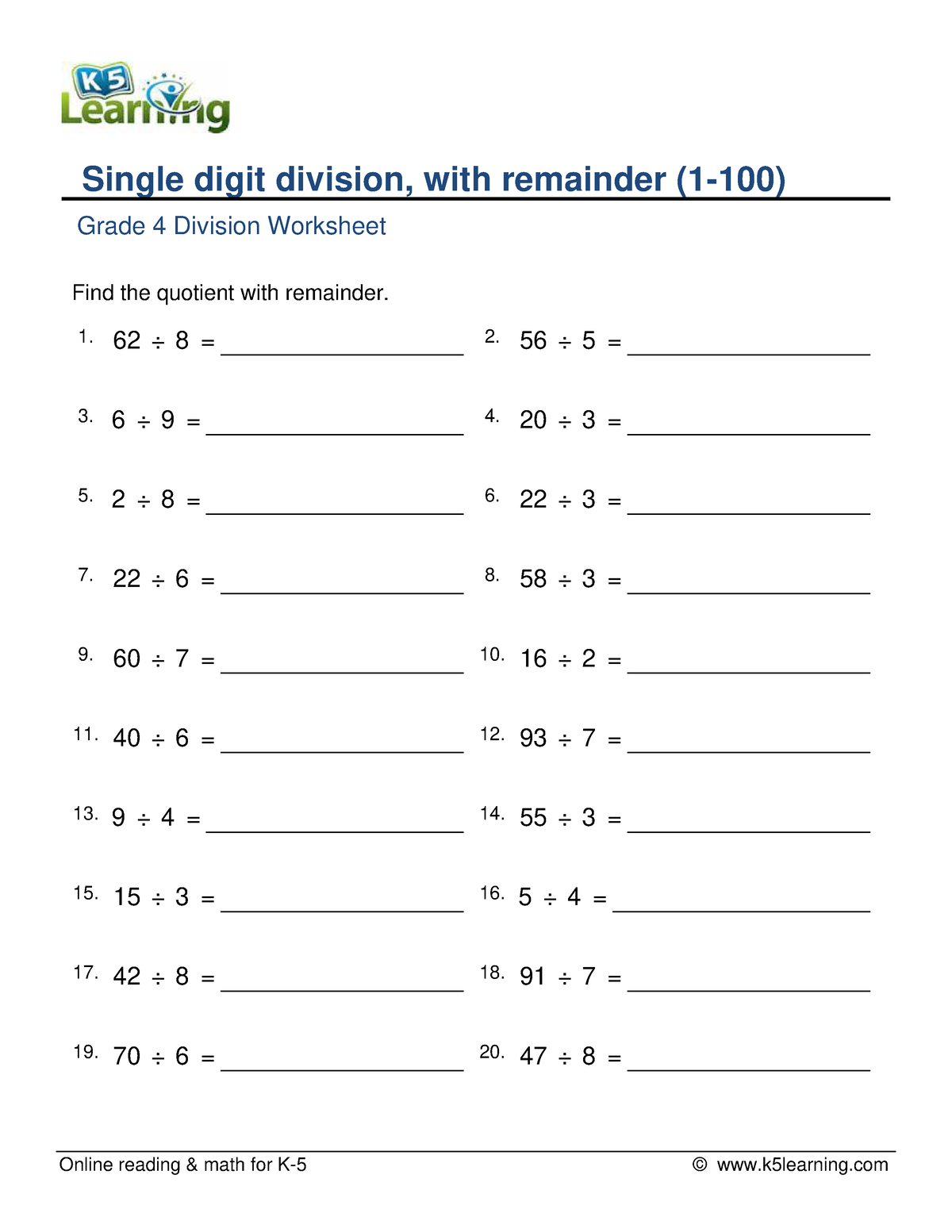 Grade 4 division with remainder within 1 100 c - Online reading & math ...