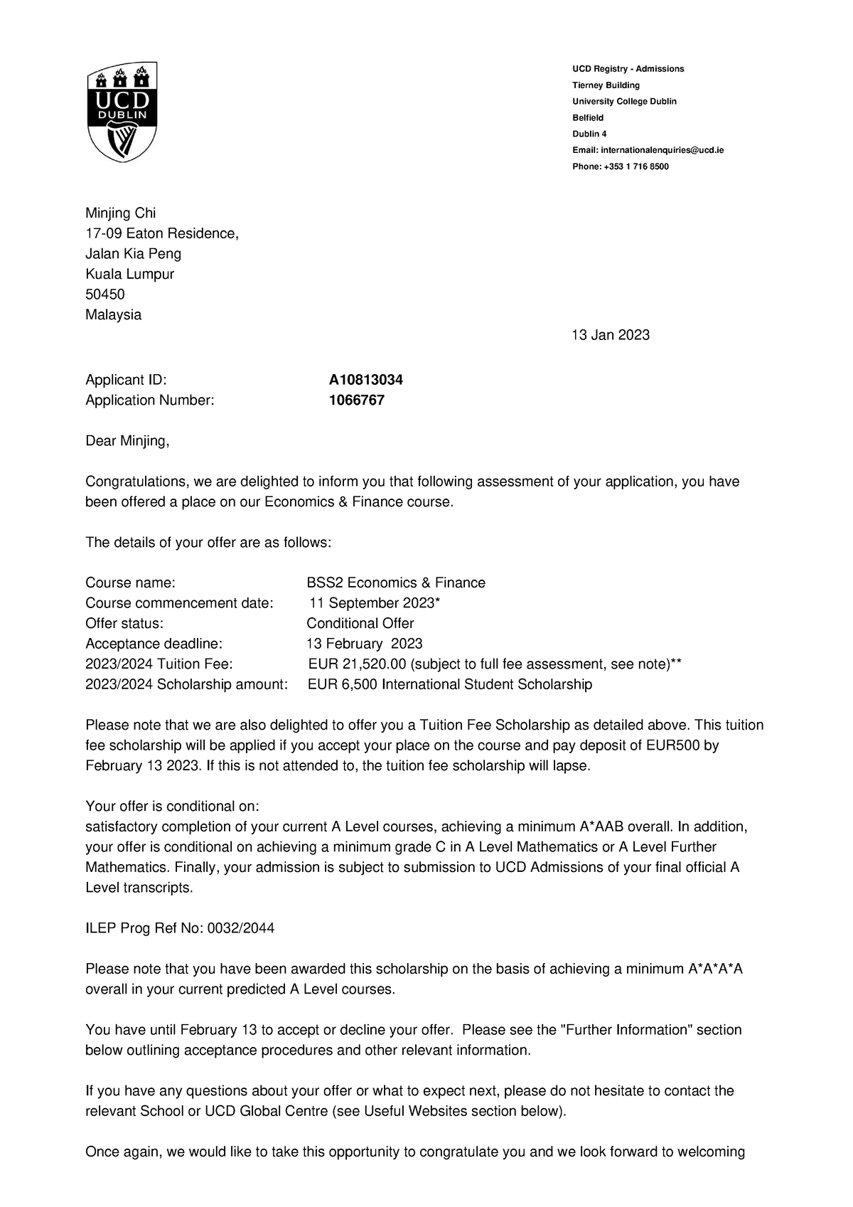 Offer Letter - Ddndndd - UCD Registry - Admissions Tierney Building ...