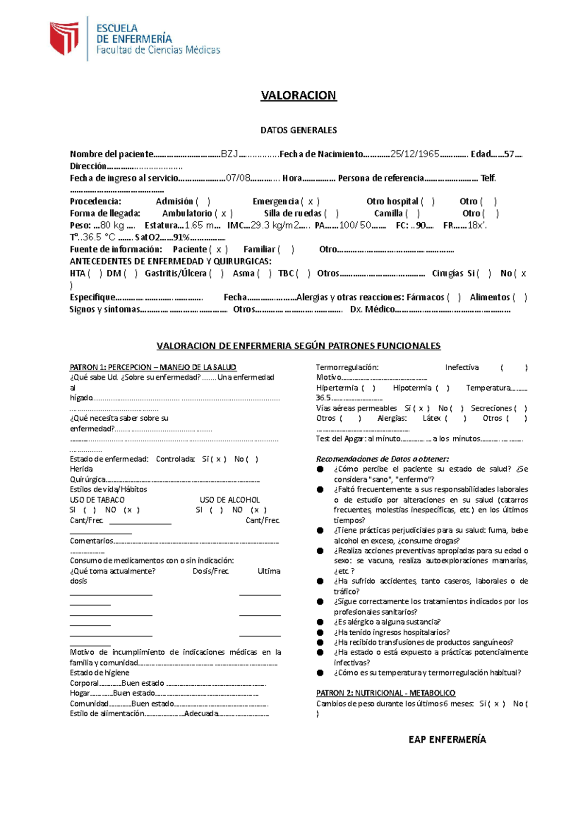 Formato Valoracion sr basilio - VALORACION DATOS GENERALES Nombre del ...