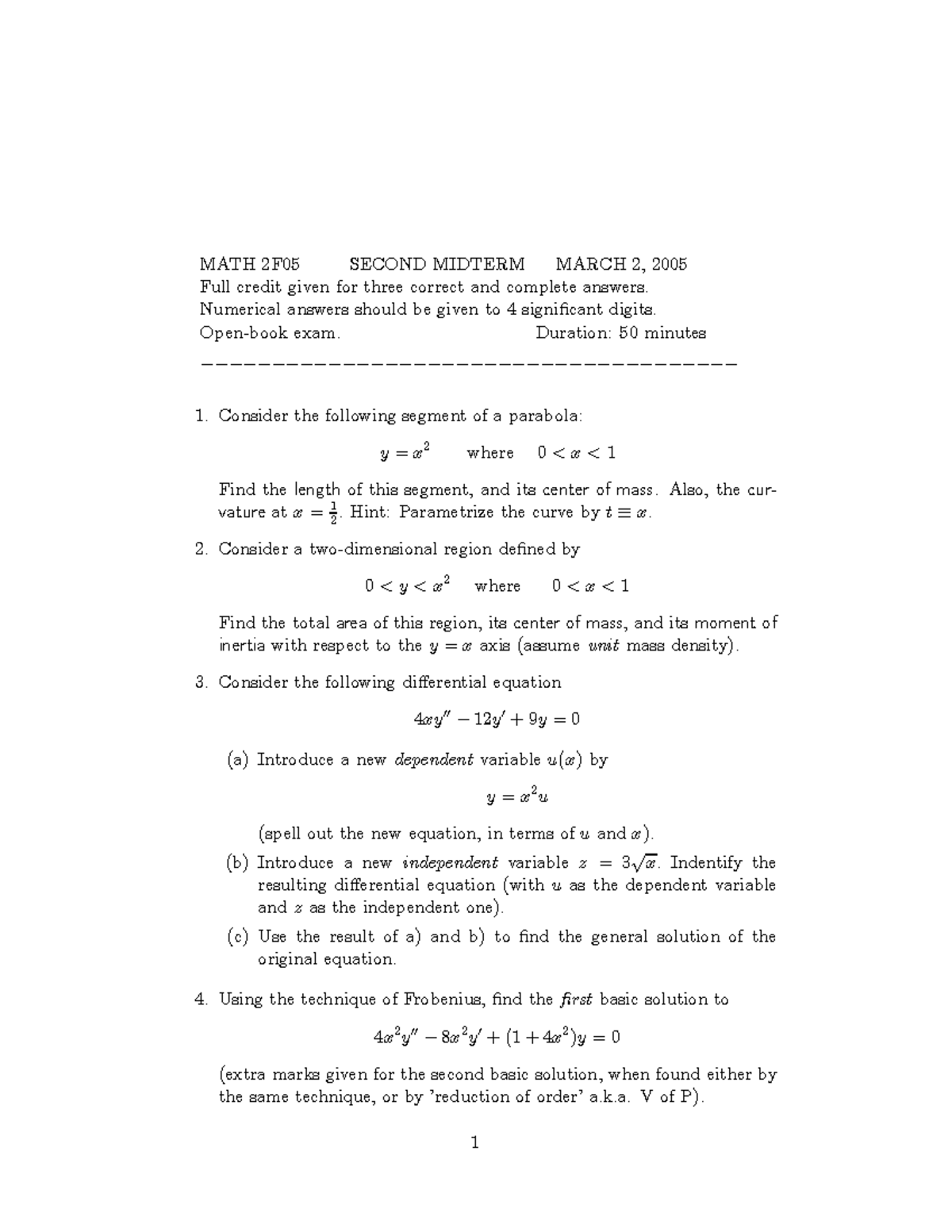 Sample Midterm Exam 2 - MATH 2F05 SECOND MIDTERM MARCH 2, 2005 Full ...