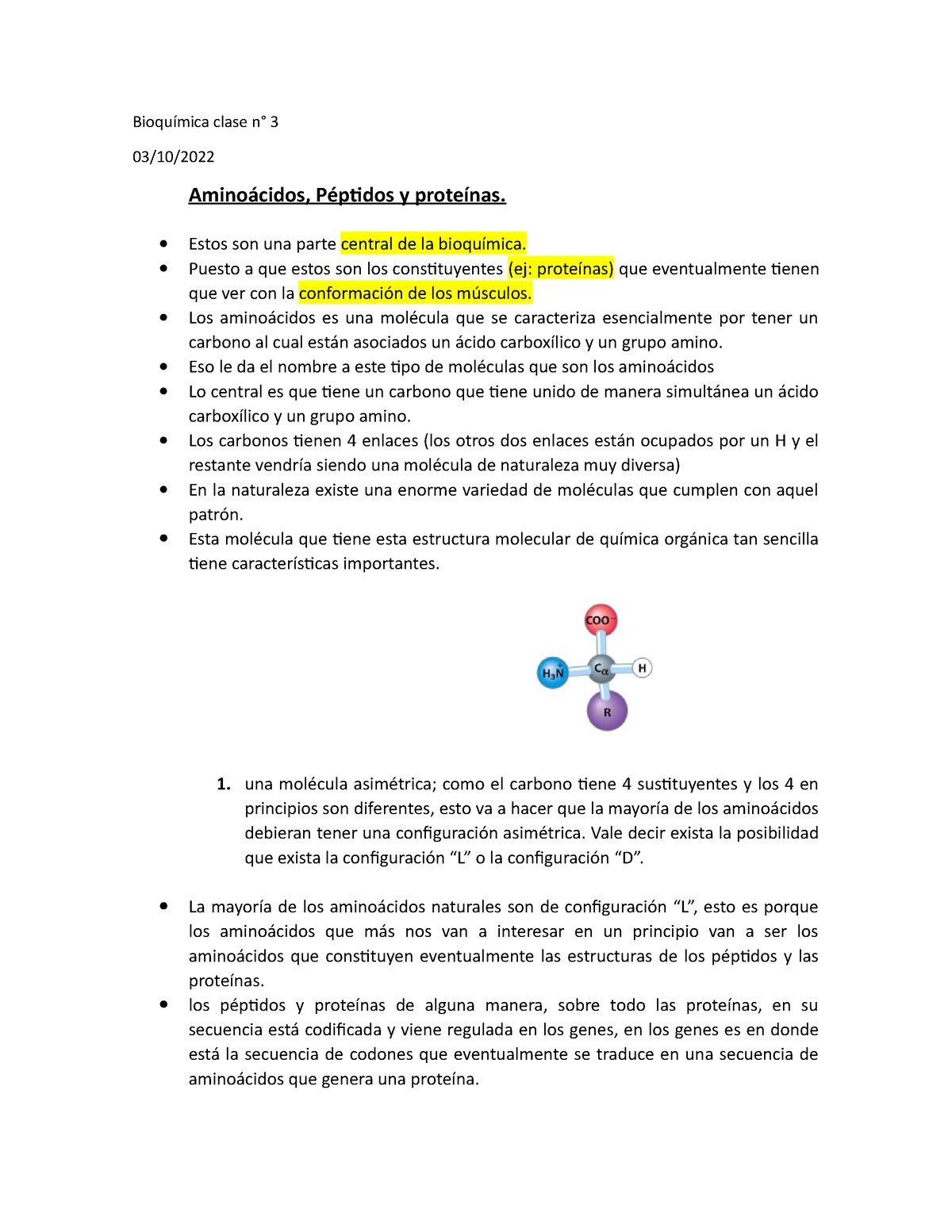 Clase N3 Bioquímica 031022 - Bioquímica Clase N° 3 03/10/ Aminoácidos ...