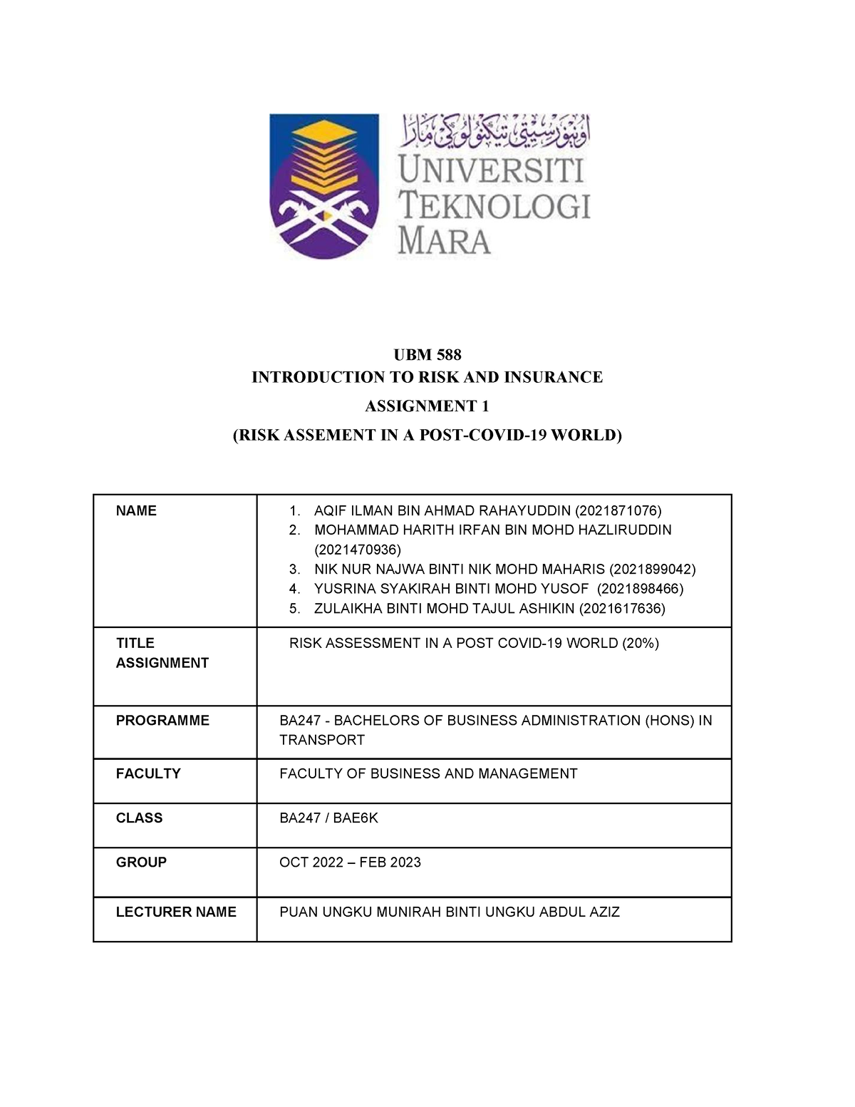 UBM588 Assignment 1 Group 4 - , UBM 588 INTRODUCTION TO RISK AND ...