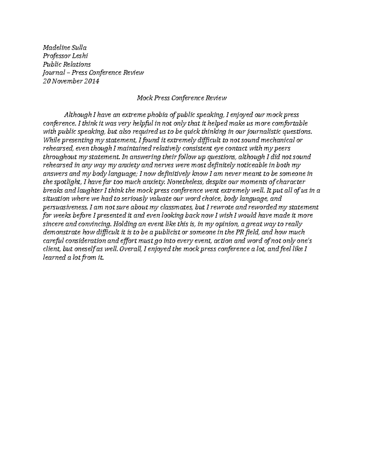 Journal - Press Conference Review - Madeline Sulla Professor Leshi ...