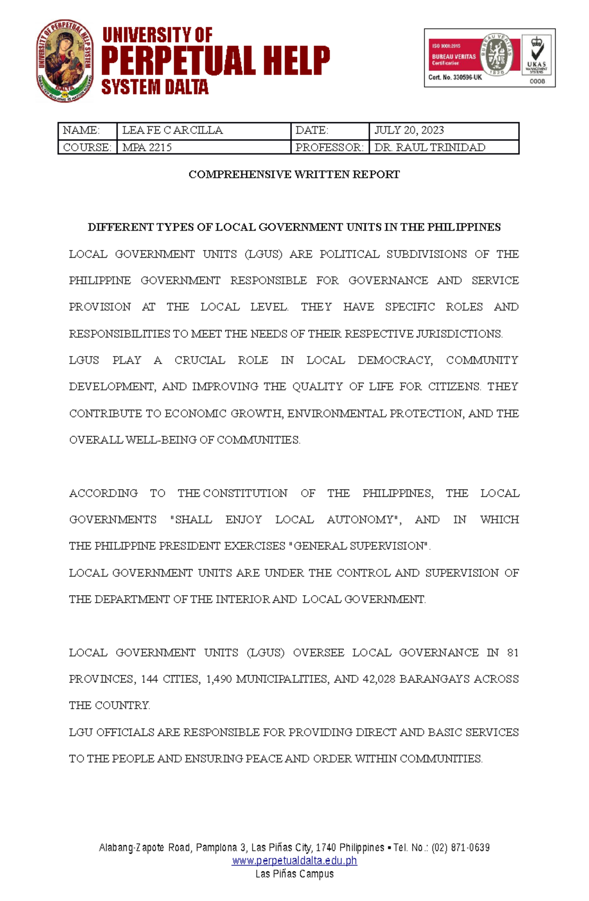 Comprehensive Written Report Differet Types OF LGU - PERPETUAL HELP ...