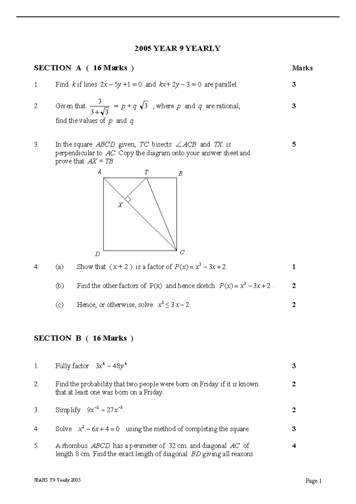 James Ruse 2005 Year 9 Maths Yearly & Solutions - JRAHS Y9 Yearly 2005 ...