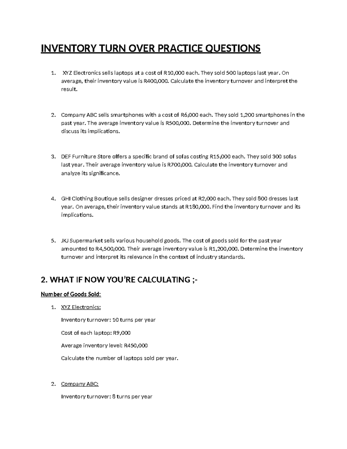 Inventory TURN OVER Practice Questions - INVENTORY TURN OVER PRACTICE ...