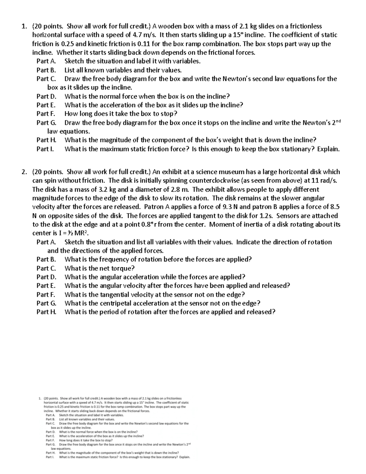 Test 2 Open Response (20 points. Show all work for full credit.) A