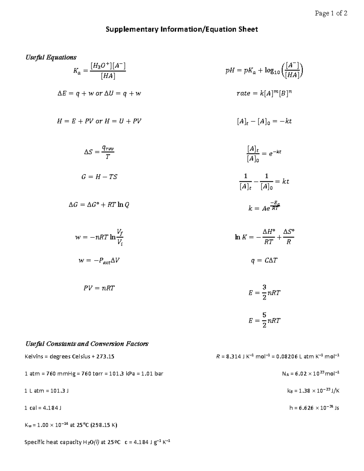 2023W2 CHEM 123 Formula Sheet New March 11 - Page 1 of 2 Supplementary ...