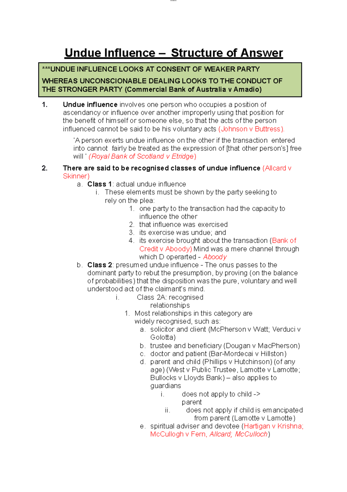 Exam Answer - Structure Of An Answer - Undue-influence - Equity - With ...